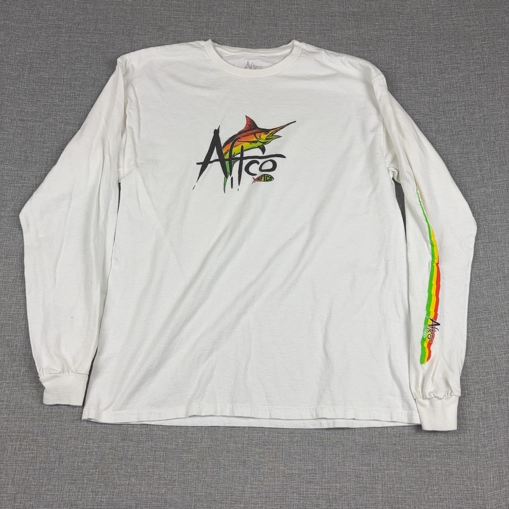 AFTCO Shirt Mens L White Marlin Fish Rasta Graphic Tee Tagless Long Sleeve